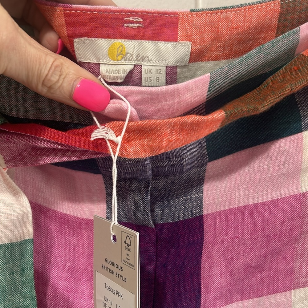 BODEN Alma Tie Waist Linen Shorts Bonbon Pink, Flambe Check. RARE Multicolor - Picture 3 of 12